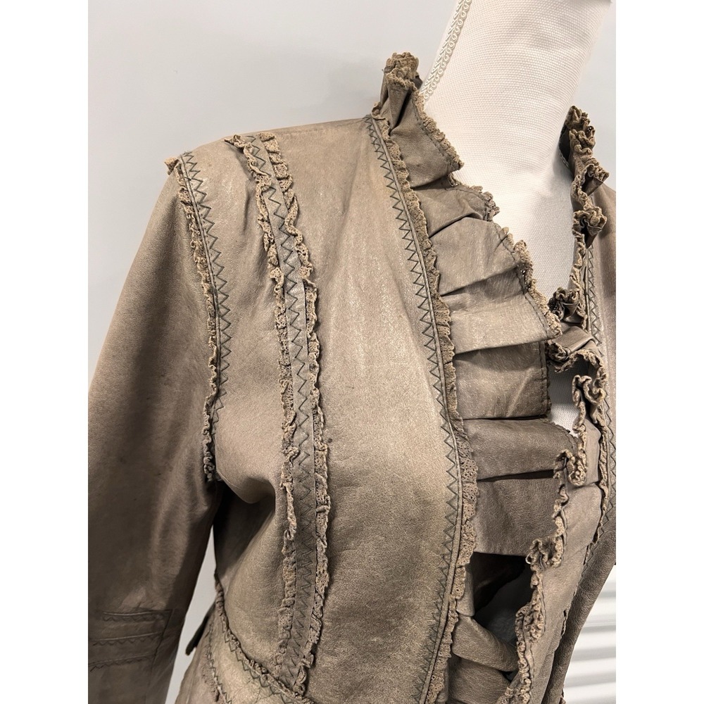 Vintage Y2K Moda International Grey Brown Genuine Leather Ruffle Jacket - Picture 9 of 16